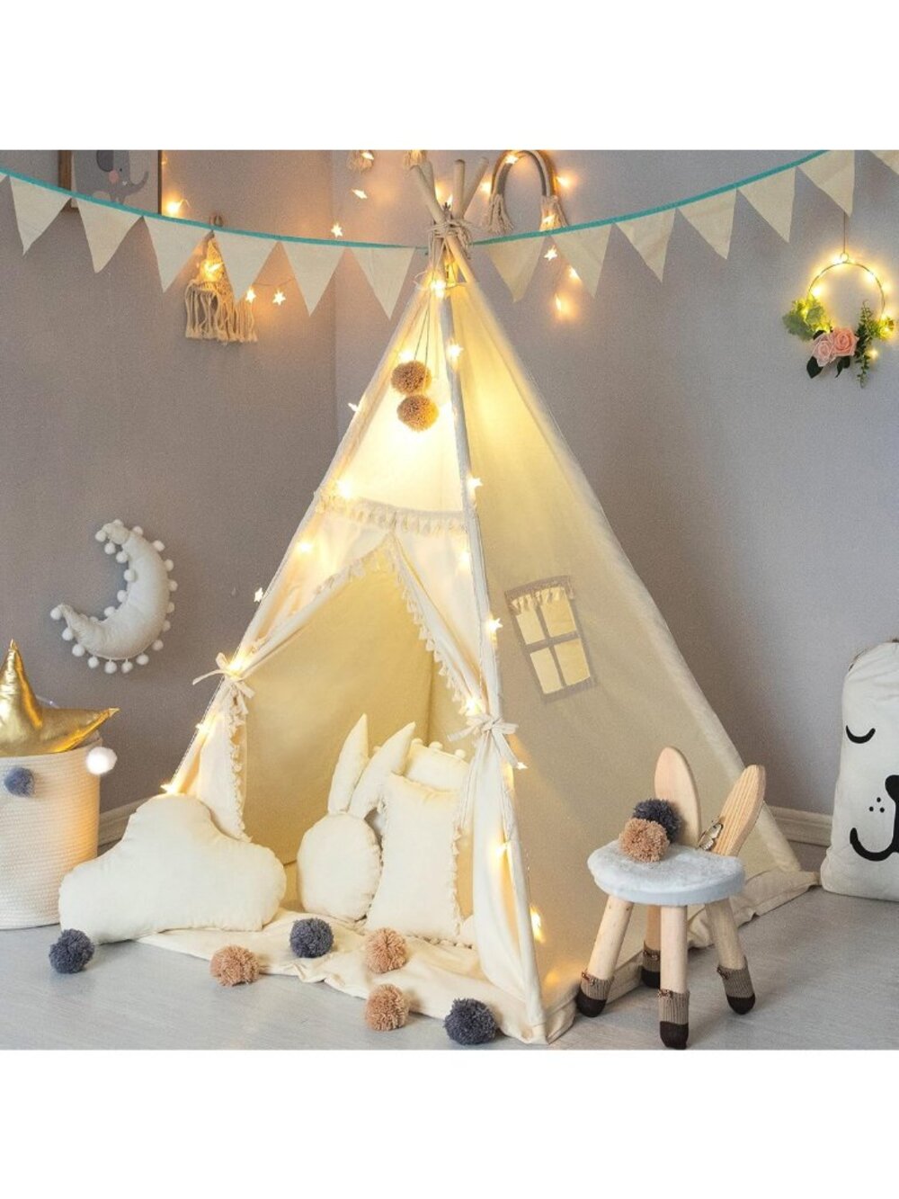 Cozy Kids Teepee Tent with Padded Mat & Fairy Lights - Beige Cotton Playhouse